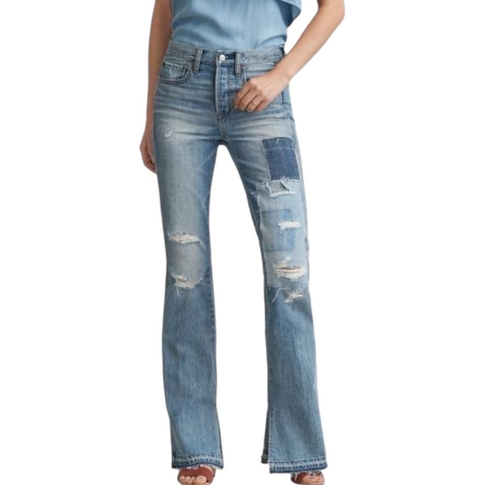 American Eagle Vintage Hi Rise Flare Jeans 00 Short Distressed Patchwork Slit